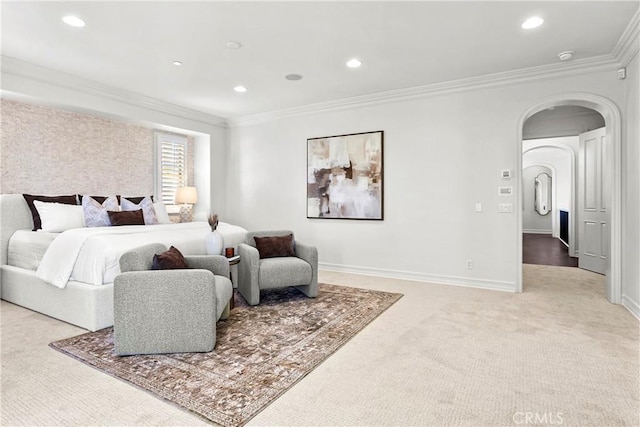 7 Kent Ct, Ladera Ranch, CA 92694 - carpeted bedroom with arched walkways, crown molding, and recessed lighting