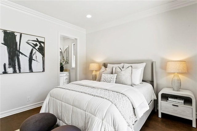 7 Kent Ct, Ladera Ranch, CA 92694 - bedroom with ornamental molding, dark wood-style floors, recessed lighting, and ensuite bath