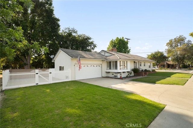 12751 9th St, Garden Grove, CA 92840 - ranch-style home with a gate, a garage, concrete driveway, stucco siding, and a chimney