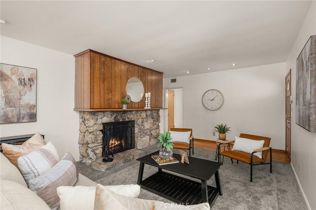 12751 9th St, Garden Grove, CA 92840 - living room featuring a fireplace, light colored carpet, and recessed lighting