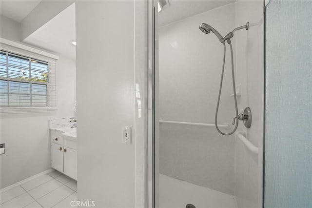 12751 9th St, Garden Grove, CA 92840 - bathroom featuring a stall shower, vanity, and tile patterned flooring