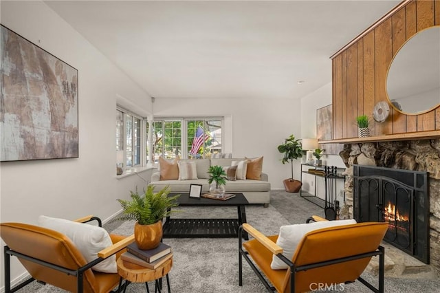 12751 9th St, Garden Grove, CA 92840 - living room featuring a stone fireplace and carpet floors