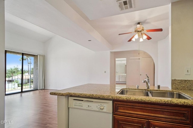 7211 Cozycroft Ave Unit 40, Winnetka, CA 91306 - kitchen featuring dishwasher, light stone counters, ceiling fan, and open floor plan