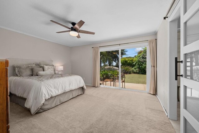 764 Barsby St, Vista, CA 92084 - bedroom featuring ornamental molding, access to exterior, light colored carpet, and ceiling fan