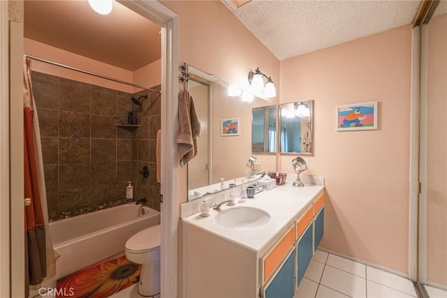 9739 Reseda Blvd Unit 36, Northridge, CA 91324 - bathroom with tile patterned floors, double vanity, shower / bathtub combination with curtain, and a textured ceiling