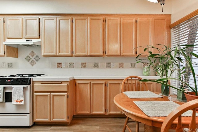 11368 Via Rancho San Diego Unit C, El Cajon, CA 92019 - kitchen with white range with gas stovetop, under cabinet range hood, light brown cabinets, light wood-style flooring, and tile counters