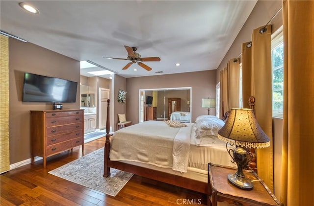430 N Canyon Blvd, Monrovia, CA 91016 - bedroom with hardwood / wood-style flooring, connected bathroom, recessed lighting, and a ceiling fan