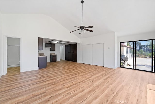 18085 Golden Leaf Ln, Riverside, CA 92504 - unfurnished living room with light wood-type flooring, a ceiling fan, and high vaulted ceiling