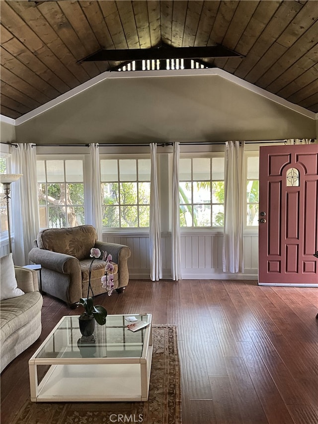 3031 S Denison Ave, San Pedro, CA 90731 - living area featuring vaulted ceiling, wood ceiling, and hardwood / wood-style flooring
