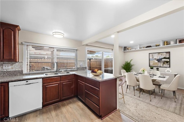 4690 Larwin Ave, Cypress, CA 90630 - kitchen featuring dishwasher, decorative backsplash, light wood-style floors, and a peninsula