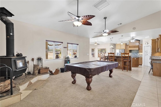 6643 Avenal St, Phelan, CA 92371 - game room featuring a wood stove, light tile patterned flooring, lofted ceiling, ceiling fan, and pool table