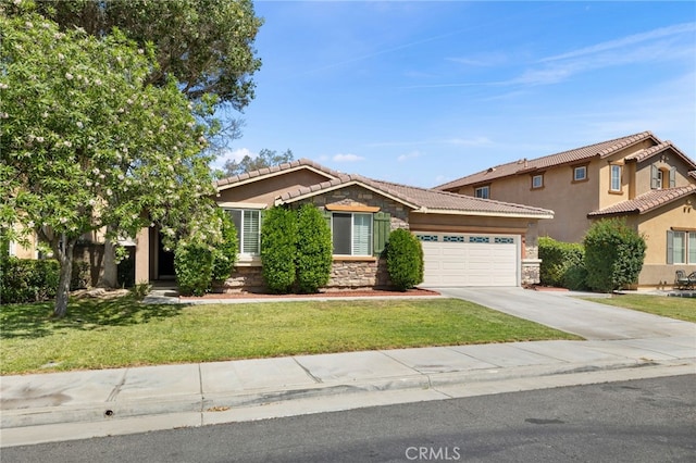 30355 Lamplighter Ln, Menifee, CA 92584 - view of front of property featuring stone siding, a garage, driveway, and a tiled roof