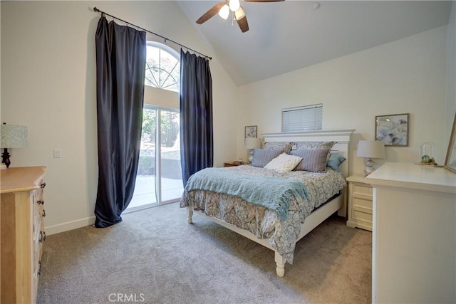 1910 Fixlini St, San Luis Obispo, CA 93401 - bedroom with access to exterior, light carpet, high vaulted ceiling, and a ceiling fan
