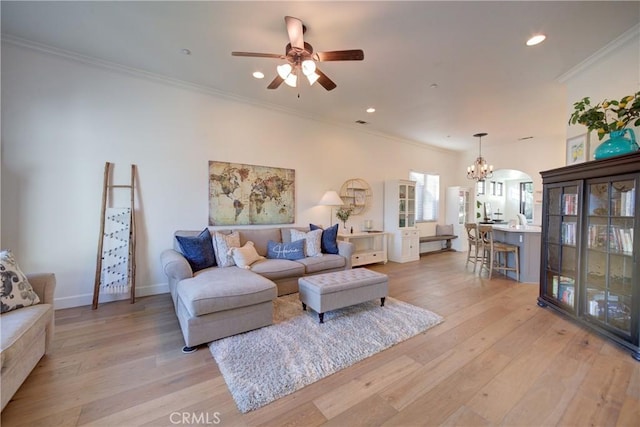 1910 Fixlini St, San Luis Obispo, CA 93401 - living area featuring a chandelier, light wood-style flooring, ceiling fan, recessed lighting, and crown molding