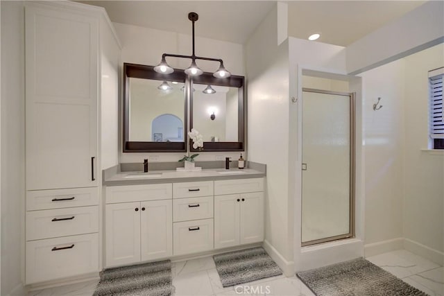1910 Fixlini St, San Luis Obispo, CA 93401 - full bath with marble look tiles, a stall shower, and double vanity