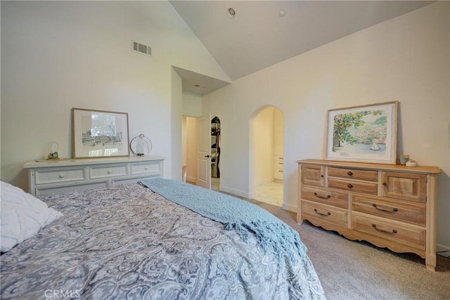 1910 Fixlini St, San Luis Obispo, CA 93401 - bedroom featuring carpet, arched walkways, high vaulted ceiling, and ensuite bathroom