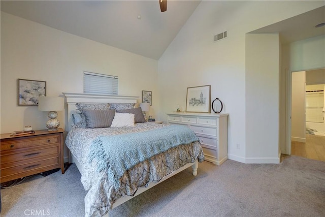 1910 Fixlini St, San Luis Obispo, CA 93401 - bedroom with carpet floors, high vaulted ceiling, and ceiling fan