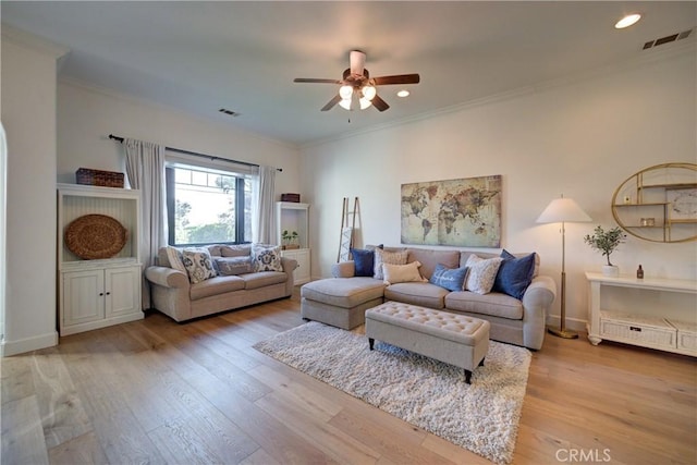 1910 Fixlini St, San Luis Obispo, CA 93401 - living area featuring ceiling fan, crown molding, wood finished floors, and recessed lighting