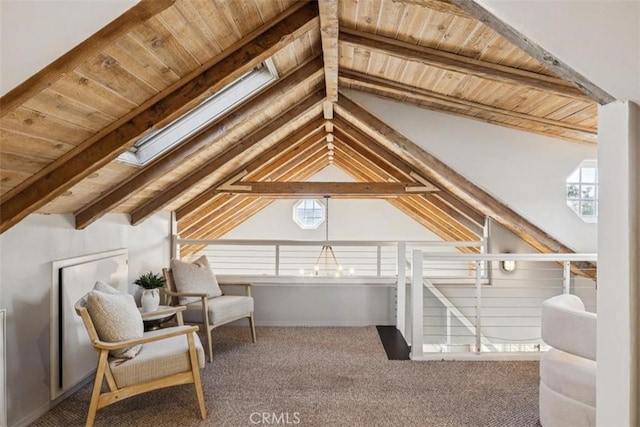 1780 Ocean Blvd, Pismo Beach, CA 93449 - living area with wooden ceiling, a skylight, and carpet