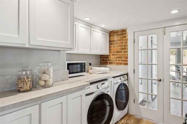 1780 Ocean Blvd, Pismo Beach, CA 93449 - laundry room with washing machine and clothes dryer, cabinet space, french doors, recessed lighting, and light wood-style flooring