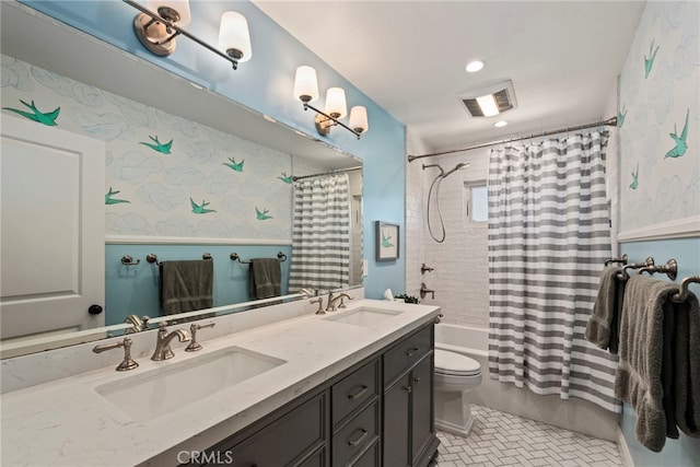 414 Faye Ln, Redondo Beach, CA 90277 - bathroom featuring wallpapered walls, double vanity, shower / bathtub combination with curtain, tile patterned floors, and recessed lighting