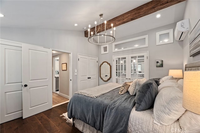 414 Faye Ln, Redondo Beach, CA 90277 - bedroom with an AC wall unit, french doors, dark wood-style flooring, recessed lighting, and beam ceiling