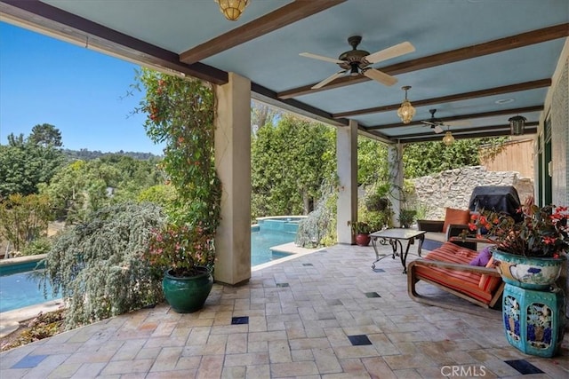 79 Dapplegray Ln, Rolling Hills Estates, CA 90274 - view of patio with ceiling fan, an in-ground hot tub, and an outdoor pool