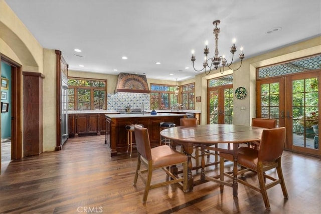 79 Dapplegray Ln, Rolling Hills Estates, CA 90274 - dining room featuring french doors, dark wood-style flooring, a chandelier, and recessed lighting