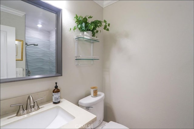 2358 Via Mariposa E Unit B, Laguna Woods, CA 92637 - bathroom with ornamental molding, vanity, and a shower