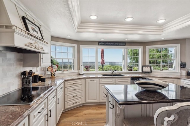 27201 Via Aurora, Mission Viejo, CA 92691 - kitchen with black electric cooktop, crown molding, a raised ceiling, custom exhaust hood, and light wood-style floors