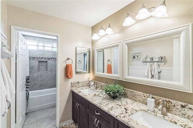 27201 Via Aurora, Mission Viejo, CA 92691 - full bath with double vanity, tile patterned floors, and shower / tub combination
