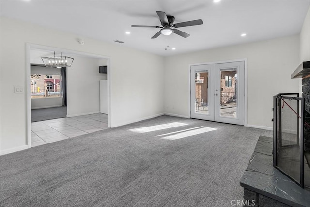17790 Merrill Ave, Fontana, CA 92335 - unfurnished living room with carpet, french doors, recessed lighting, ceiling fan, and tile patterned flooring
