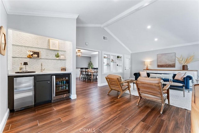 1915 Mariners Dr, Newport Beach, CA 92660 - living room with beverage cooler, bar with sink, dark wood-style flooring, and crown molding