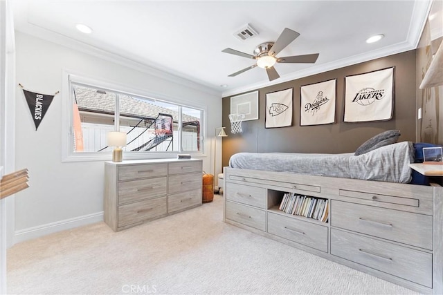 1915 Mariners Dr, Newport Beach, CA 92660 - bedroom with ornamental molding, light colored carpet, a ceiling fan, and recessed lighting