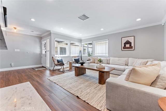 1915 Mariners Dr, Newport Beach, CA 92660 - living area featuring crown molding, dark wood-style floors, and recessed lighting