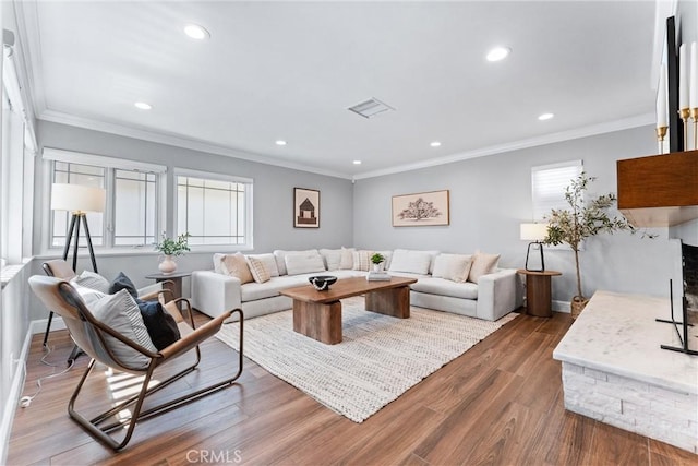1915 Mariners Dr, Newport Beach, CA 92660 - living area with ornamental molding, recessed lighting, and dark wood-style flooring