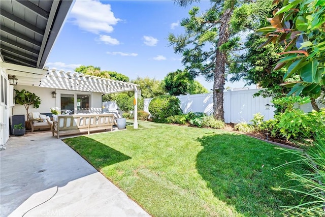 1915 Mariners Dr, Newport Beach, CA 92660 - fenced backyard featuring a pergola, an outdoor hangout area, and a patio