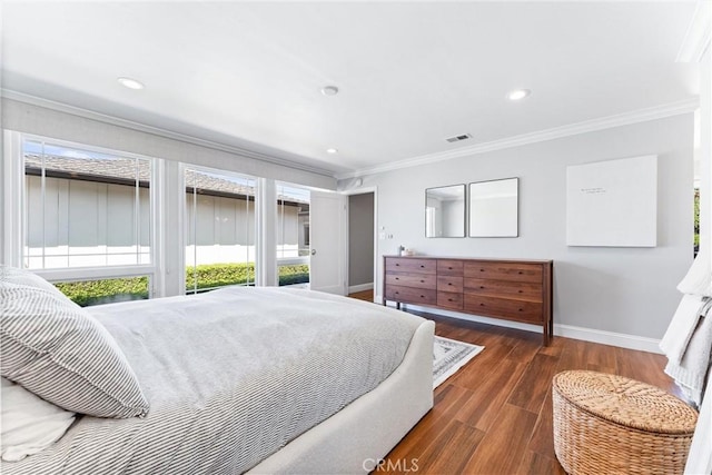 1915 Mariners Dr, Newport Beach, CA 92660 - bedroom with ornamental molding, wood finished floors, access to outside, and recessed lighting