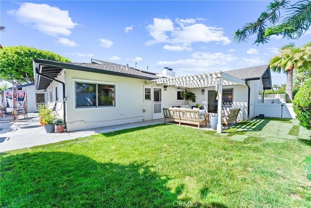 1915 Mariners Dr, Newport Beach, CA 92660 - back of property with an outdoor living space, a patio, solar panels, stucco siding, and a pergola
