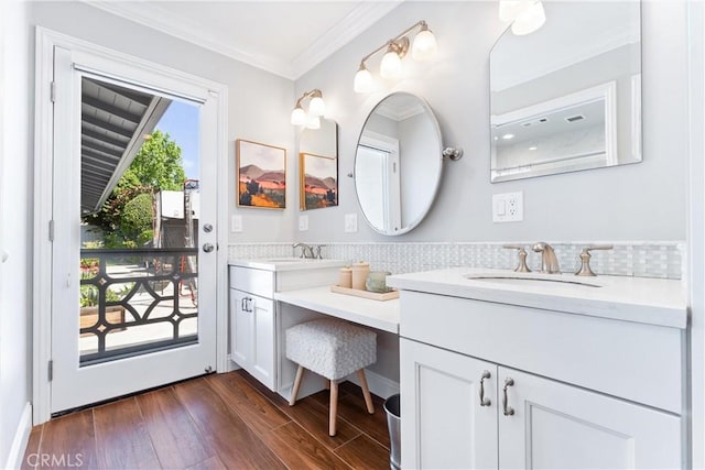 1915 Mariners Dr, Newport Beach, CA 92660 - full bathroom featuring double vanity, ornamental molding, wood finished floors, and backsplash