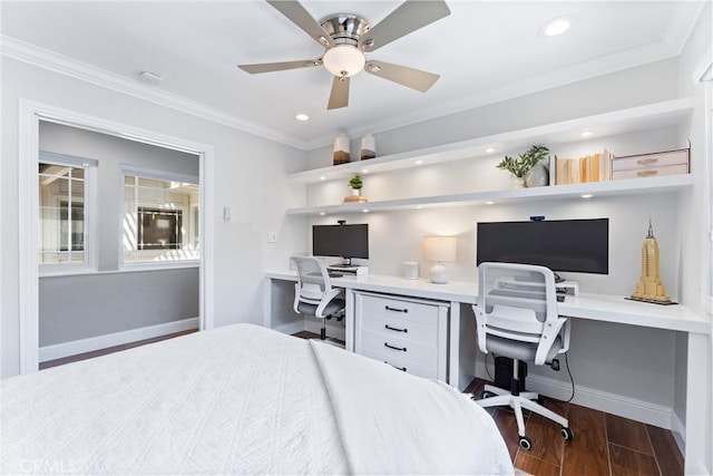 1915 Mariners Dr, Newport Beach, CA 92660 - bedroom with built in desk, wood finished floors, crown molding, and recessed lighting