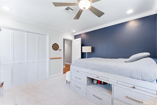 1915 Mariners Dr, Newport Beach, CA 92660 - bedroom featuring crown molding, a ceiling fan, light carpet, a closet, and recessed lighting