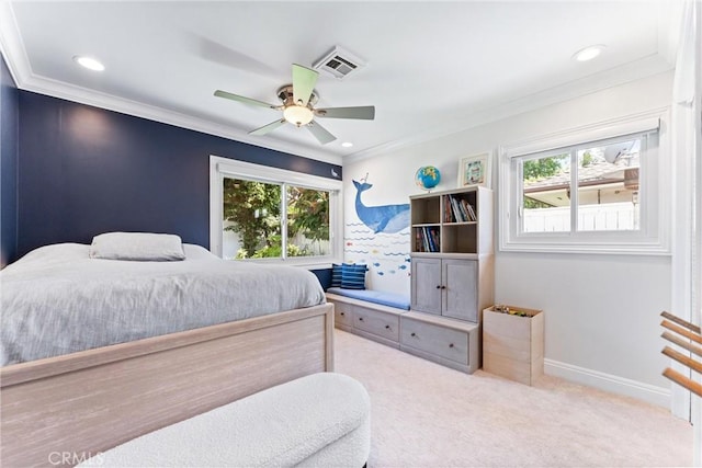 1915 Mariners Dr, Newport Beach, CA 92660 - bedroom featuring multiple windows, ornamental molding, carpet floors, a ceiling fan, and recessed lighting