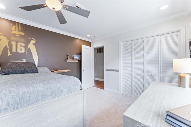 1915 Mariners Dr, Newport Beach, CA 92660 - carpeted bedroom with recessed lighting, ornamental molding, a closet, and ceiling fan