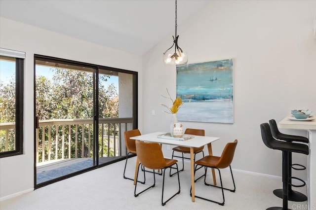 6684 Corte Maria, Carlsbad, CA 92009 - dining space featuring carpet, lofted ceiling, and a chandelier