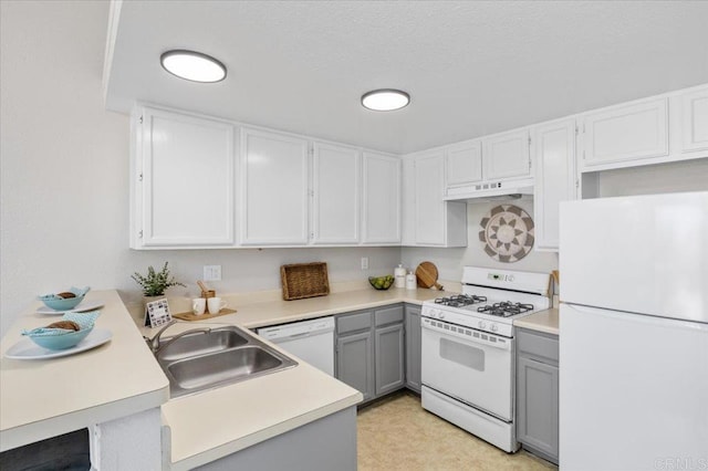6684 Corte Maria, Carlsbad, CA 92009 - kitchen with white appliances, gray cabinets, under cabinet range hood, light countertops, and a peninsula