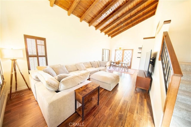 13685 Hidden Valley Rd, Victorville, CA 92395 - living area featuring a wooden ceiling with exposed beams, hardwood / wood-style flooring, and high vaulted ceiling