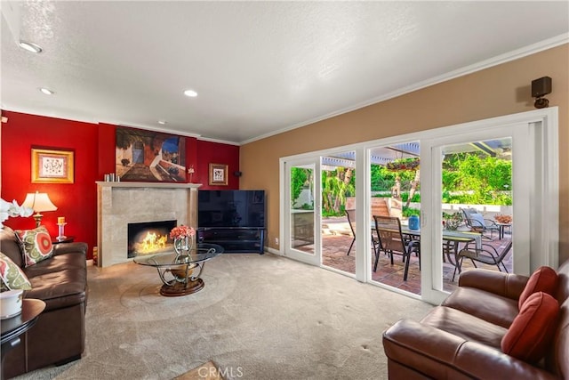 24236 Via, San Clemente, Mission Viejo, CA 92692 - carpeted living area with a fireplace, crown molding, and recessed lighting