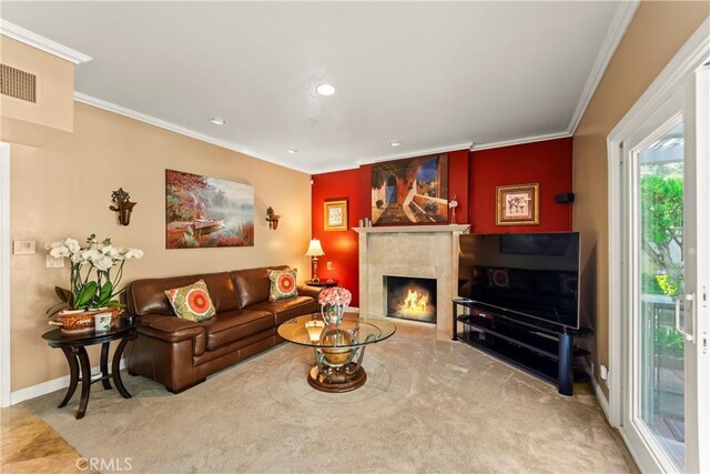 24236 Via, San Clemente, Mission Viejo, CA 92692 - living room featuring ornamental molding, a fireplace, and recessed lighting