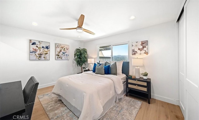 6567 Woodburn Ln Unit 7, Yorba Linda, CA 92886 - bedroom with light wood-style flooring, a ceiling fan, and recessed lighting